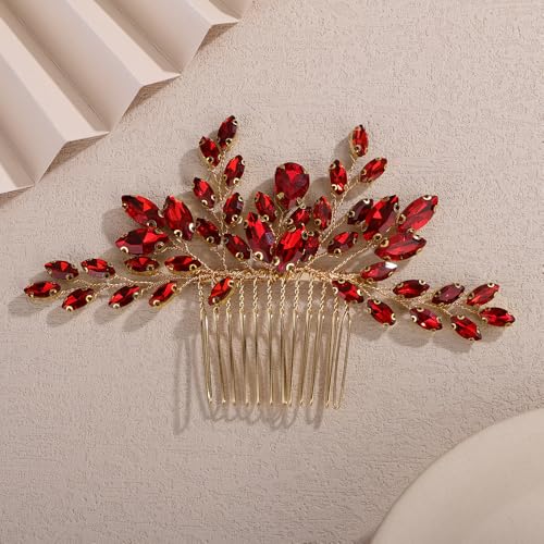 Teyglen Red Rhinestone Wedding Hair Comb Simple Crystal Hair Piece Bridal Crystal Hair Comb for Bride Wedding Hair Accessories for Women Party Prom Headpiece(Red) - color: Red