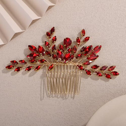 Teyglen Red Rhinestone Wedding Hair Comb Simple Crystal Hair Piece Bridal Crystal Hair Comb for Bride Wedding Hair Accessories for Women Party Prom Headpiece(Red) - color: Red