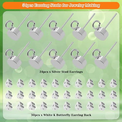 54pcs Earring Studs for Jewelry Making,Round Ball Post Stud Earrings Hypoallergenic Earring Posts with Ear Nuts for Anniversaries Gifts, Favors, Jewelry Making(Silver) - color: 54pcs;Silver