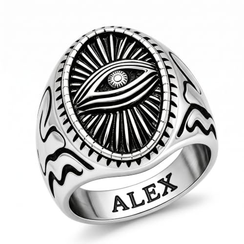 Dacc & Aya Custom Engraved Vintage Signet Ring 925 Sterling Silver Black Oxidized Personalized Statement Jewelry for Men - style: E-Evil Eye