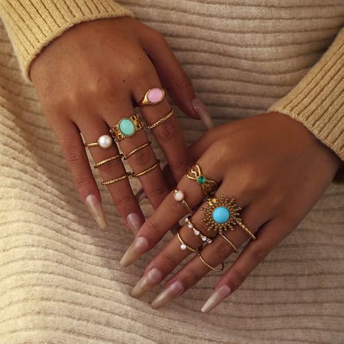 Chunky Gold Rings for Women Non Tarnish, Baroque Pearl Flower Tiger's Eye Stone Rings Adjustable Stacking Statement Rings Set Fashion Jewelry Gifts - style: Turquoise/Pearl/Green/Pink