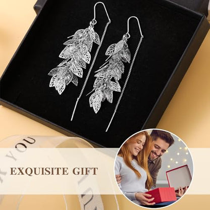 14K Gold Plated Leaf Threader Crystal Earrings for Women, Long Tassel Elegant Dangle Drop Earrings for Weddings, Galas, and Formal Events, Hypoallergenic Lightweight Jewelry Idea Gift - color: Silver
