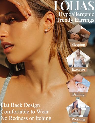 LOLIAS 18K Gold Plated Threadless Flat Back Earrings Studs Hypoallergenic | 316L Surgical Steel Push in Nose Rings Studs 20G CZ Tragus Cartilage Helix Conch Lip Labret Medusa Nostril Piercing Jewelry - color: 18K Gold Plated, size: 20G(0.8mm)-Star&CZ&Ball