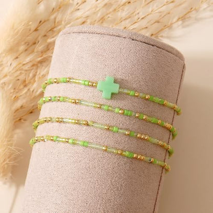 Christian Cross Christmas Stackable Seed Beaded Bracelets for Women, Boho Colorful Healing Stretch Accessories God Christ Pray Faith Amulet Jewelry, Daily Party Holiday Friendship Gift - color: Green
