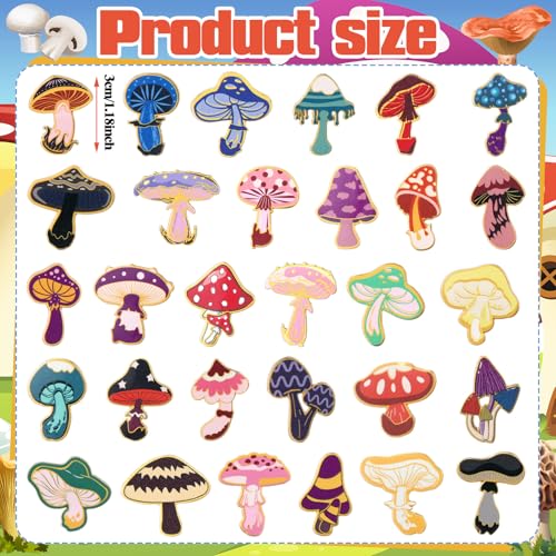 30/60 Pcs Cute Enamel Pins Bulk Plant Flower Animal Halloween Gothic Fall Pumpkin Cartoon Lapel Pin Brooches Jewelry Gift for Backpack Clothes Hats Accessories - style: Mushroom