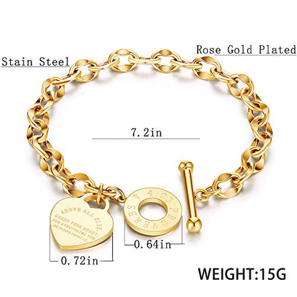 kelistom 316L Stainless Steel Love Heart Charm Bracelet for Women Romantic Gift Silver/Rose/18k Gold Plated OT Clasp Bracelets - color: 18k gold
