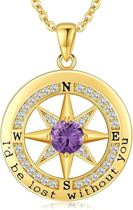 Compass Necklace for Women Wife Girlfriend Mom Daughter Gifts | S925 Silver Jewelry For Anniversary 18K Rose Gold Gifts For Birthday Christmas Mothers Valentines Day 12 Birthstones - style: 02-February-Gold