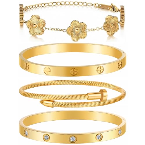 Camhanno Stackable Silver Bracelets for Women Stainless Steel Love & Friendship Bangle, Mothers Day Valentines Birthday Christmas Jewelry Gifts for Mom Her Wife Grandma - style: Bracelet Stack 4Sets (Floral Gold Bracelets,Bangle)