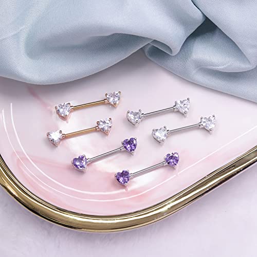 HQLA 14G Dainty CZ Love Heart Nipple Rings Tongue Ring Surgical Steel Nipple rings Piercing Women Barbells 2Pcs 25/8"(16mm) - style: Silver - Style A - Purple Heart CZ