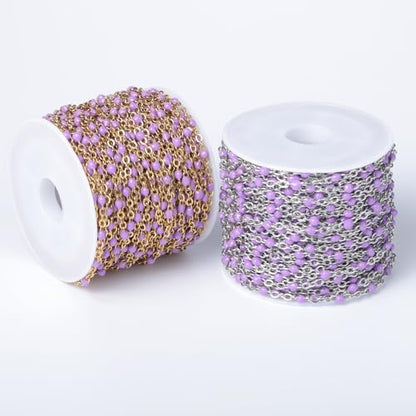 33FT 2mm Gold Cable Chains Purple Enamel Chain Bulk Roll for Jewelry Making | 18K Gold PVD Plated Stainless Steel Enamel Beaded Chains Roll for Necklace Bracelet - color: Gold Purple Beads