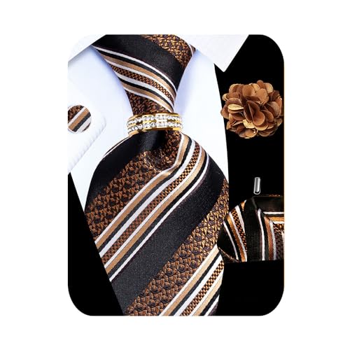 5PCS Mens Silk Tie, Pocket Square, Cufflinks, Drilled Tie Ring and Lapel Pin Set for Wedding Groom Party - color: Brown Striped Tie Set -102