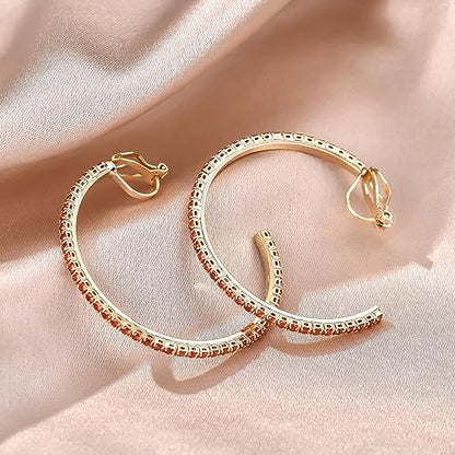 YOQUCOL 4.3CM(1.7in) Clip On Hoop Earrings Cubic Zirconia Non Pierced Ears Hoops for Women - color: Gold-Red