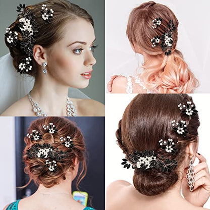 5 Pieces Wedding Hair Comb Bridal Pins Crystal Pearl Wedding Hair Accessories Rhinestone Flower Piece for Bride Bridesmaids Women(Black) - color: Black