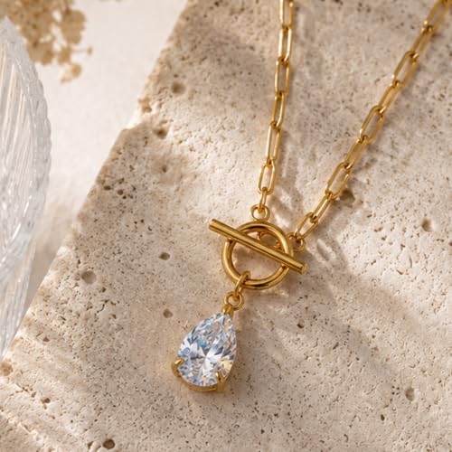 Teardrop CZ Pendant Paperclip Chain Necklace 18K Plated Paperclip Toggle Necklace Jewelry Birthstone Gift for Women - color: CZ-April