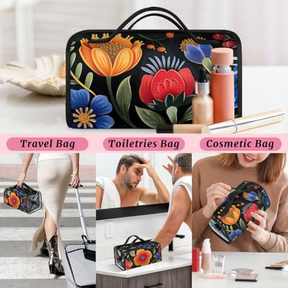 Boho Flower Hanging Roll Up Cosmetic Bag with 4 Removable Storage Bags Waterproof Foldable Toiletry Kit for Women - color: Multicolor 19