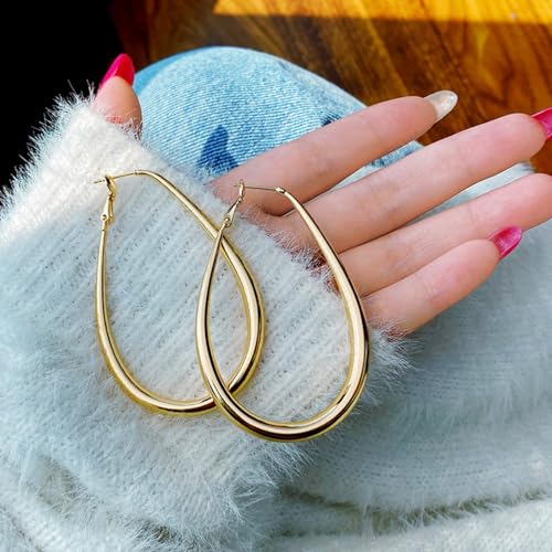 Chunky Large Oval Hoop Earrings for Women Sparkly Gold Teardrop Dangle Earrings Thick Bold Silver Hoop Drop Earrings Oval Stainless Steel Hoop Earrings Fashion Costume Jewelry Accessories - color: Gold