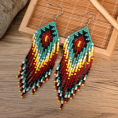 Bohemian Tassel Colorful Beaded Earrings For Women Trendy, Long Fringe Feather Drop Jewelry Handmade Gifts. - color: color10