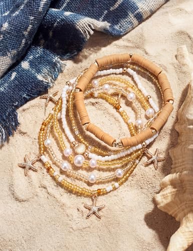 JeryWe 6Pcs Ankle Bracelets for Women - Waterproof Beaded Anklet Bracelet Set, Layered Boho Starfish Seashell Beach Jewelry, Handmade Summer Elastic Anklet - style: Brown-Starfish