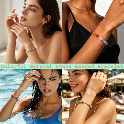 colorful Natural Stone Beaded Bracelets for Women, Boho Handmade Gemstone Bracelet, Stackable Summer Beach Jewelry - color: Colorful Amazonite Bead