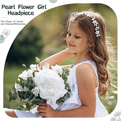 Tanfeine Flower Girl Headpiece, Flower Girl Hair Accessory, Silver Wedding Headband for Girls, Princess Crystal Pearl Hair Accessories for Birthday, Party, First Communion,Wedding