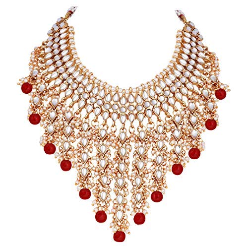 Aheli Elegant Indian Wedding Wear Faux Kundan Studded Choker Necklace with Maang Tikka Set Ethnic Fashion Jewelry for Women Maroon Kundan & Pearl Drop - color: Maroon 5