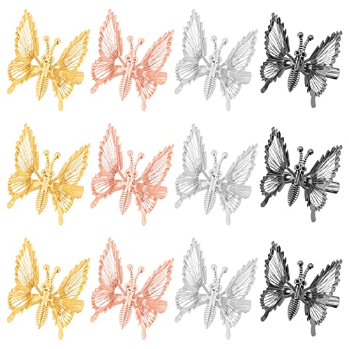 DEEKA 12 PCS Moving Butterfly Clips 3D Metal Gold Silver Black Moving Wings Butterfly Hair Accessories 90s Hair Clips Barrette for Women and Girls -4 Color - color: Gold/Silver/RoseGold/Black