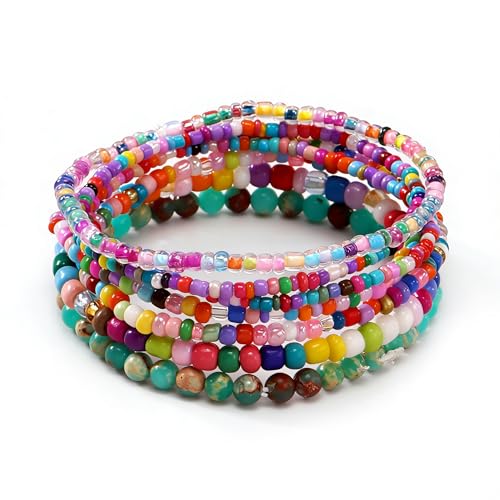 Handmade Stackable Rice Seed Beaded Ball Bracelets set for women, Romantic Boho Trendy Acrylic Glass Stretch Accessories Multi Layer Jewelry, Daily Wear Party Holiday Friendship Gift - color: Rainbow