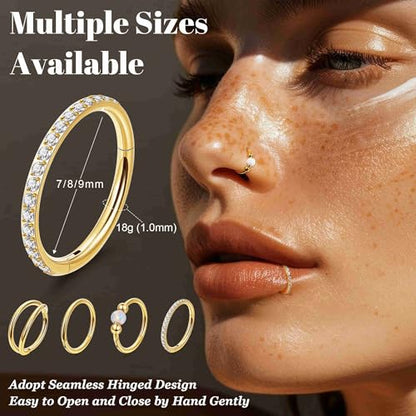 4PCS 18G 20G Surgical Steel Nose Ring Hoop for Women Men Hinged Double Nose Hoop CZ Opal Clicker Septum Nose Hoops Cartilage Conch Tragus Rook Ring Lip Daith Piercing Jewelry Gold Silver 7-9MM - color: Gold, size: 18G-7mm (Relatively Small)