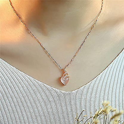 Heart shaped pendant necklace for women's gift - Rose gold heart shaped pink crystal cat eye Quartz Stone pendant romantic birthday anniversary wedding gift (Rose gold)