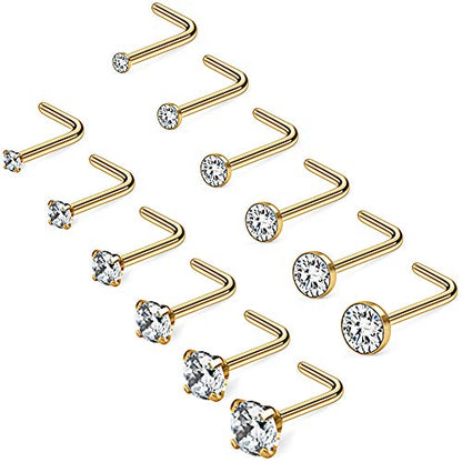 20G 1.5mm 2mm 2.5mm 3mm 3.5mm 4mm Opal Clear Diamond CZ Nose L Shaped Studs Rings Piercing Jewelry 4-20PCS - color: 12PCS - Gold