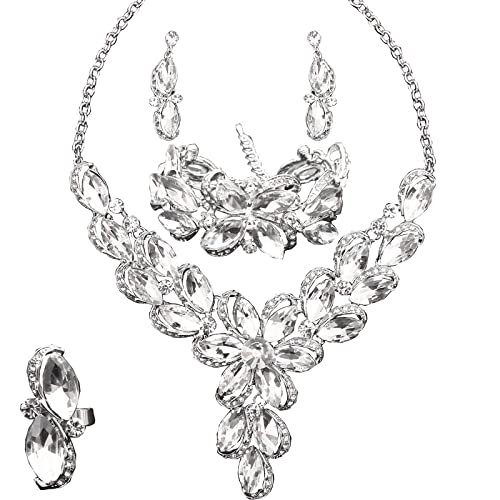Jewelry Set for Women Rhinestone Austrian Crystal Statement Flower Necklace Link Bangle Bracelet Dangle Earrings Rings Allergy Free Wedding Party Jewelry Set for Bridal Bridesmaid - color: White-Platinum Plated