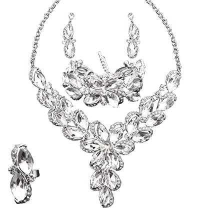Jewelry Set for Women Rhinestone Austrian Crystal Statement Flower Necklace Link Bangle Bracelet Dangle Earrings Rings Allergy Free Wedding Party Jewelry Set for Bridal Bridesmaid - color: White-Platinum Plated