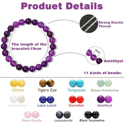 Raicegs 4 6 8MM Beaded Bracelets Healing Crystal Bracelet for Women Men Natural Stone Handmade Stretch Bracelet Reiki Spiritual Jewelry - color: Amethyst, size: 8mm