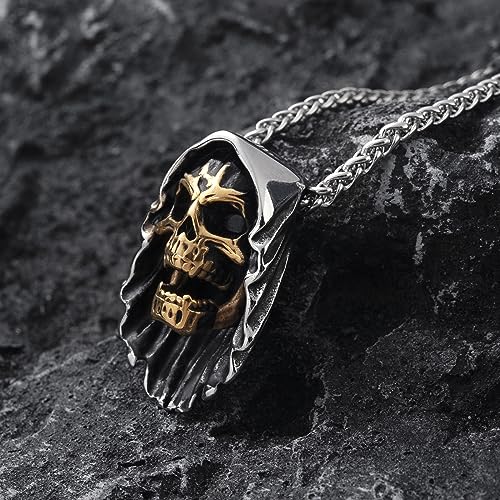 Skull Necklace for Men Stainless Steel Gothic Punk Emo Biker Necklace Jewelry for Men 60cm - style: Two-tone Death Skull