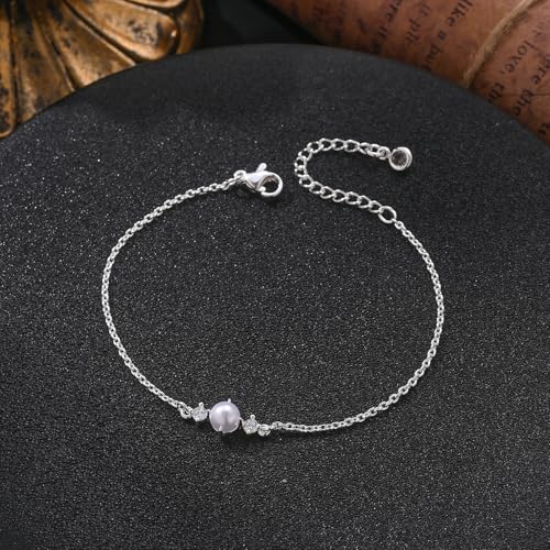 Bracelets for Women, Dainty Gold Silver Ring Bracelet Hand Chain | Cubic Zirconia Pearl Charms, 14K Gold Plated, Adjustable Fit, Trendy Stackable Link Chain, Waterproof Jewelry, Gift for Her - color: Silver-pearl cz bracelet