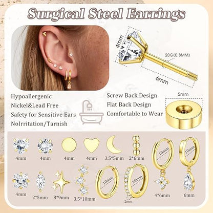 Florideco Hypoallergenic Flat Back Earrings for Women 14K Gold Plated Surgical Steel Stud Hoop Earrings for Sensitive Ears Stainless Steel Earrings Flatback Stud Cartilage Earring Set - color: 14K Gold Plated