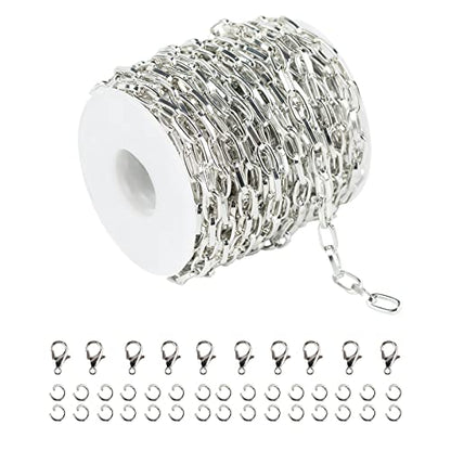 32.8 Feet Aluminum Flat Oval Silver Chains for Jewelry Making Unwelded Paperclip Link Cable Chain Spool Necklace Chains Bulk with Lobster Clasps and Jump Rings - color: 5.5×11mm-Silver