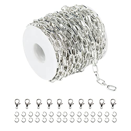 32.8 Feet Aluminum Flat Oval Silver Chains for Jewelry Making Unwelded Paperclip Link Cable Chain Spool Necklace Chains Bulk with Lobster Clasps and Jump Rings - color: 5.5×11mm-Silver