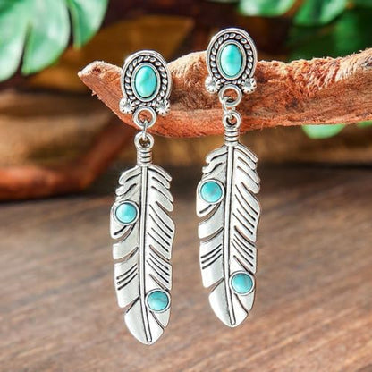 Western Turquoise Earrings Silver western earrings Bohemian turquoise western Jewelry for Women (Feather-Earrings)