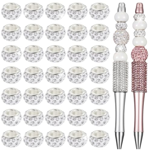 Junkin 120 Pcs Large Hole Beads 11 mm European Crystal Charm Spacer Rhinestone Colorful European Beads for Pens Making Bulk Beadable Pens Jewelry Making Supplies DIY Crafts Bracelet(Clear White) - color: Clear White