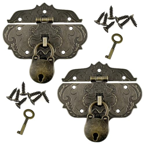 2-Set Antique Decorative Hasp Latch Lock Kit Bronze Tone Vintage | Embossing Jewelry Box Clasp and Padlock for Wooden Case, Tool Box, Cabinet, Dresser Table, Furniture Decoration