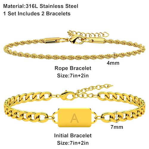 2PCS Initial Letter Stainless Steel Bracelet, A-Z Letter Pendant Silver Gold Black Cuban Rope Link Chain for Men Women Jewelry Set - color: Gold