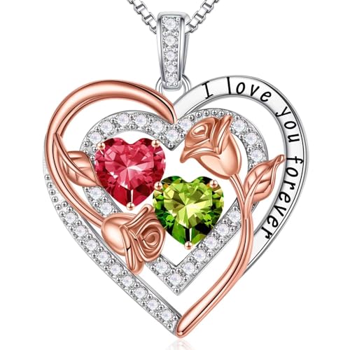 Iefil Heart Birthstone Necklace for Women - Double Birthstone Jewelry | 925 Sterling Silver, Gift Box Packaging, Anniversary Birthday Gifts for Women Wife Mom - color: 07-08-Jul-Aug Birthstone