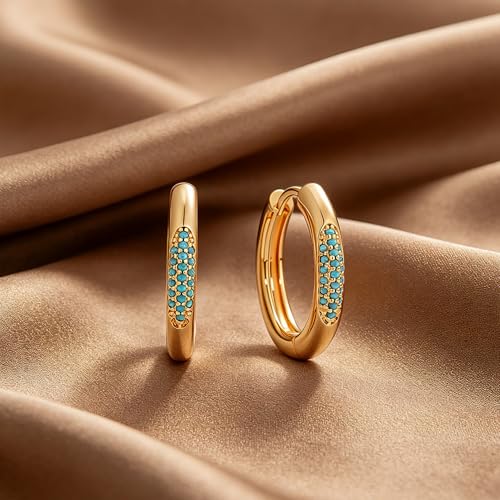 DREMMY STUDIOS Gold Dainty Huggie Hoop Earrings 18K Gold Plated Exquisite Open Tassel Dangle Charm Drop Sleeper Geometric Cross Coin Star Heart White CZ Simple Hypoallergenic Earrings for Women - color: Turquiose Hoops
