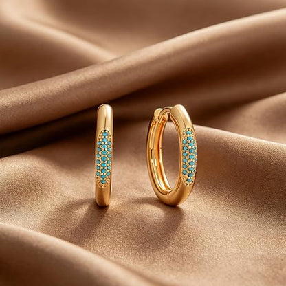 DREMMY STUDIOS Gold Dainty Huggie Hoop Earrings 18K Gold Plated Exquisite Open Tassel Dangle Charm Drop Sleeper Geometric Cross Coin Star Heart White CZ Simple Hypoallergenic Earrings for Women - color: Turquiose Hoops