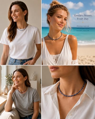 Natural Heishi Gemstone Choker Necklace for Women, Adjustable 15"+2" Beaded Layering Necklace, Coastal Beach Jewelry Gift for Her - color: Dumortierite