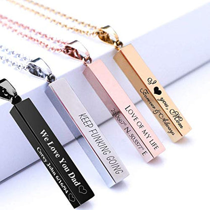 Personalized 3D Vertical Bar Necklace, Custom Necklace Engraved with Any Name Pendant Jewelry Mothers Day Gift - color: Black Bar+Box Chain