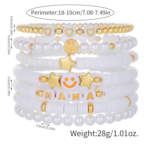 Friendship Bracelets for Women - Heishi Surfer Colorful Smile Evil Eye Clay Beaded Stretch Bracelets Elastic Layering - Stackable Boho Disc Y2K Aesthetic Summer Jewelry Set. - color: Smile-7pc-White mama
