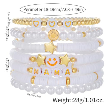 Friendship Bracelets for Women - Heishi Surfer Colorful Smile Evil Eye Clay Beaded Stretch Bracelets Elastic Layering - Stackable Boho Disc Y2K Aesthetic Summer Jewelry Set. - color: Smile-7pc-White mama