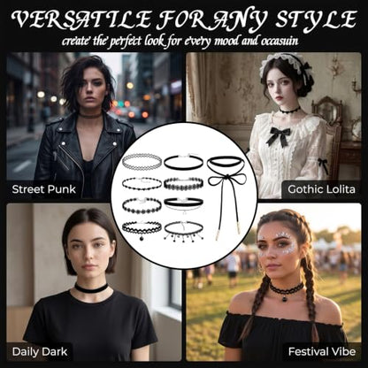 9PCS Choker Necklace Set for Women, Gothic Velvet Lace Y2K Tattoo Jewelry | Adjustable Fit, Hypoallergenic Nickel-Free, 90s Punk Lolita Styles, Gift-Ready Storage Bag, Layered Necklace for Teens